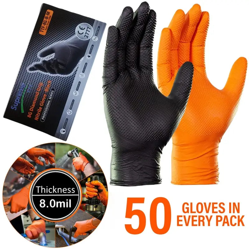 Black/Orange Diamond Texture Nitrile Gloves