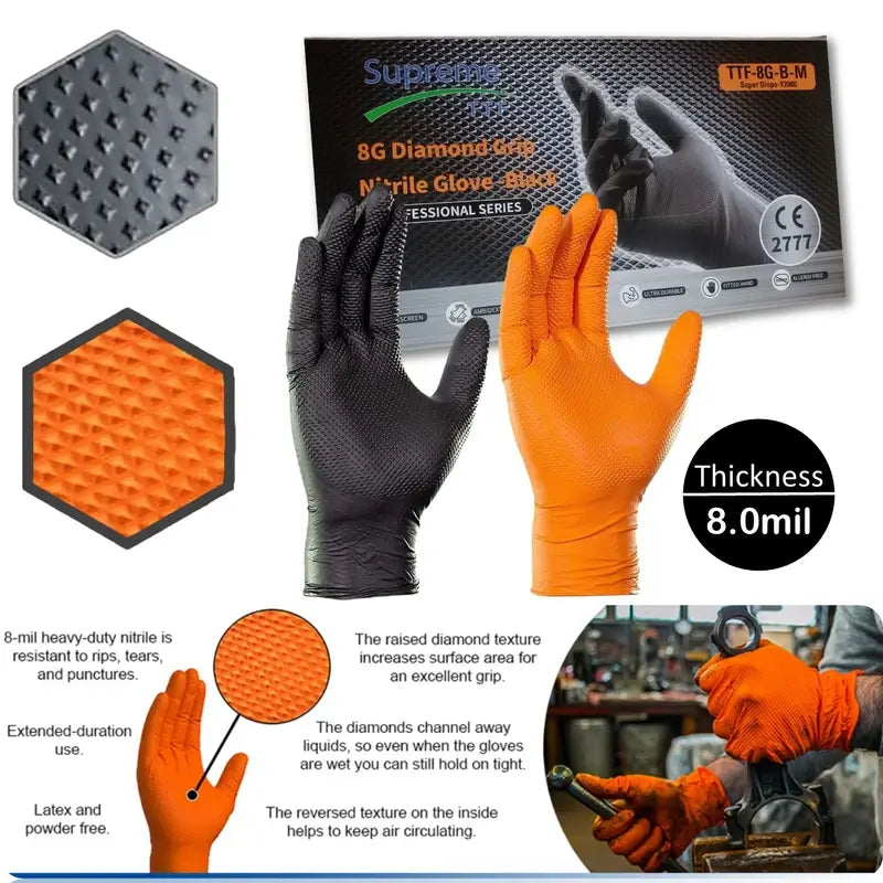 Black/Orange Diamond Texture Nitrile Glove packaging
