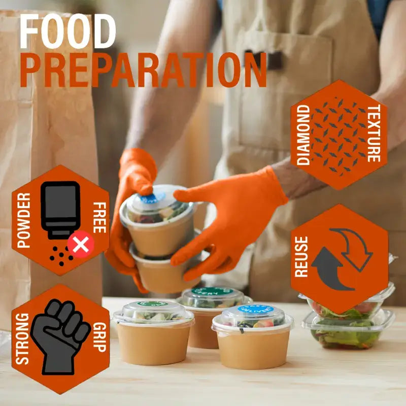 Black/Orange Diamond Texture Nitrile Glove food prep use