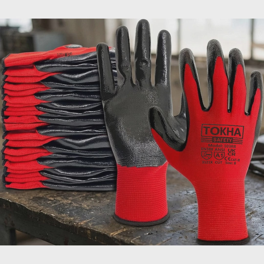 Nitrile Coated Red/Black Work Gloves — product video
